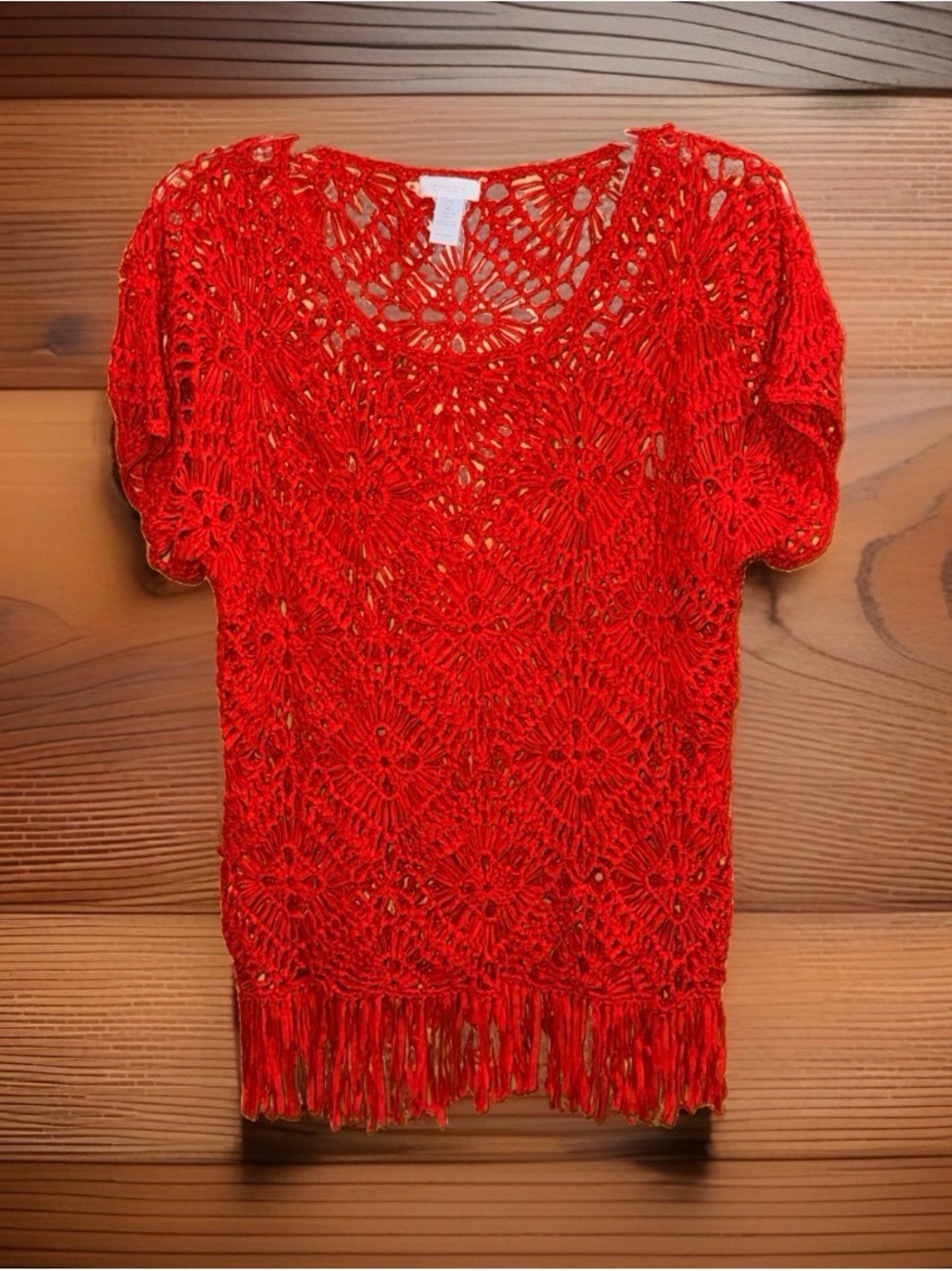 Chico's Bright Red Crochet Fringe Short-Sleeve Top-2/L-EC